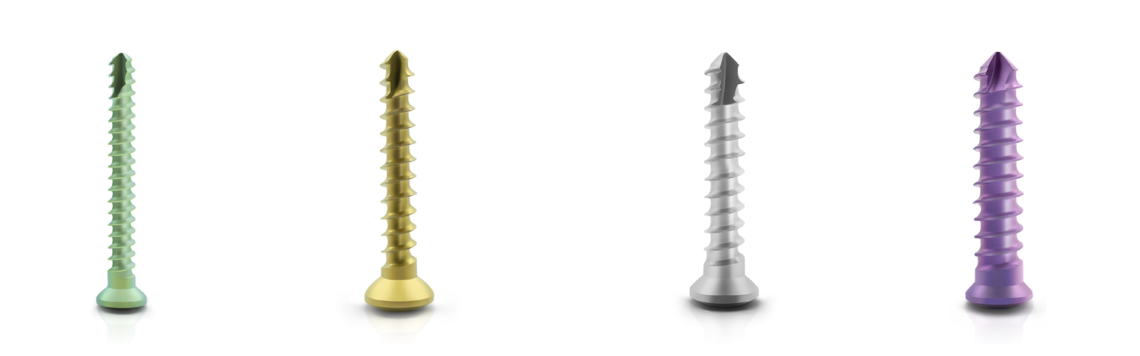 four different dev-os bone screws in different diameters and colours