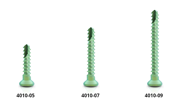 Three lengths of titanium microscrews, diameter 1.0 mm, green anodized